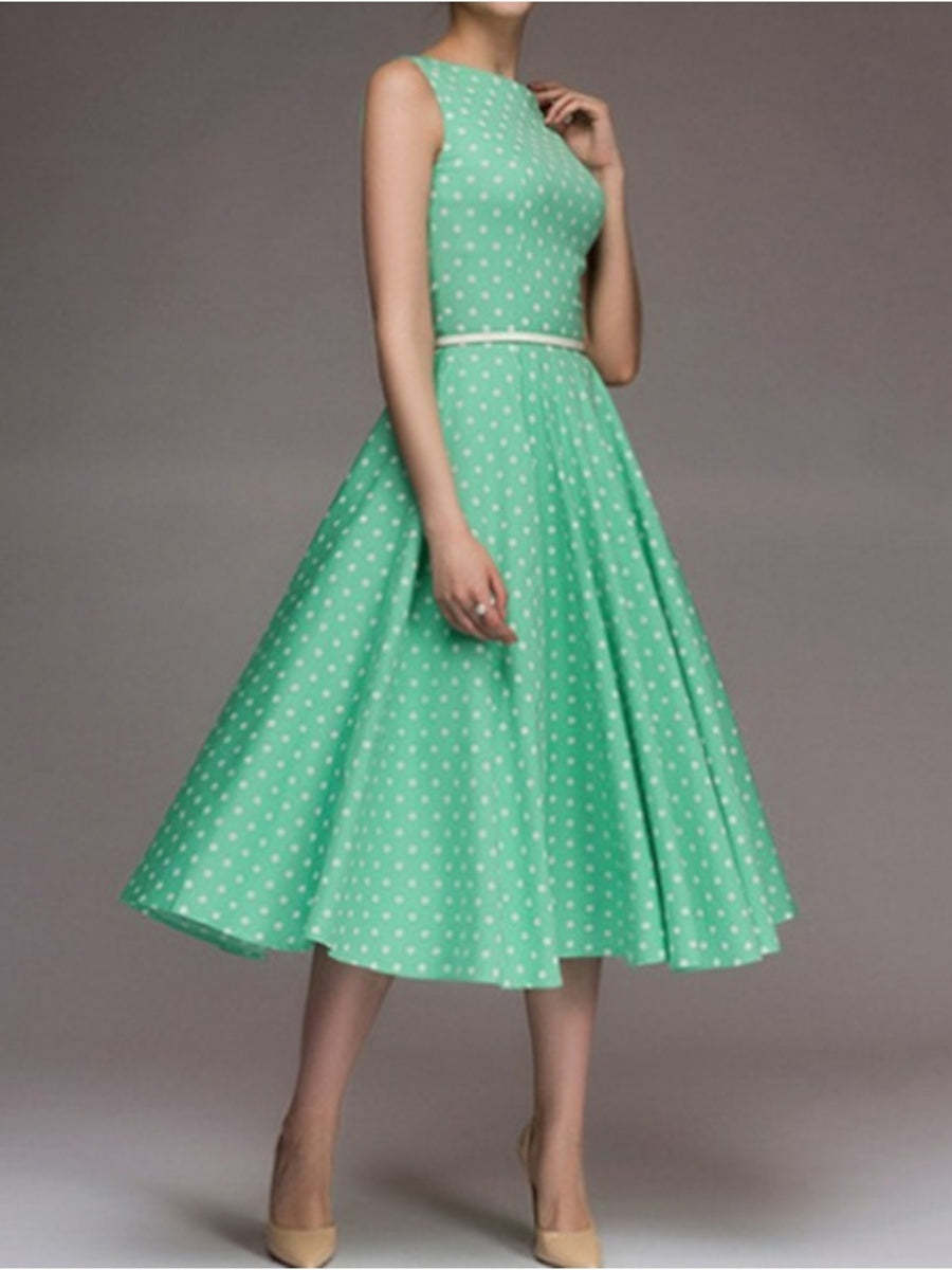 Vintage 1950s A-Line/Princess Tea-Length Dresses with Jewel Neck and Belt