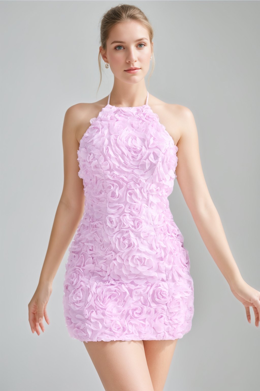 Backless Mini Halter Cocktail Dress with 3D Flowers in A-Line/Princess Style