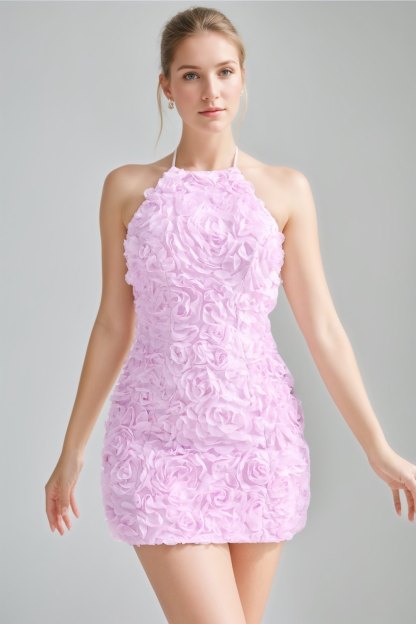 Backless Mini Halter Cocktail Dress with 3D Flowers in A-Line/Princess Style