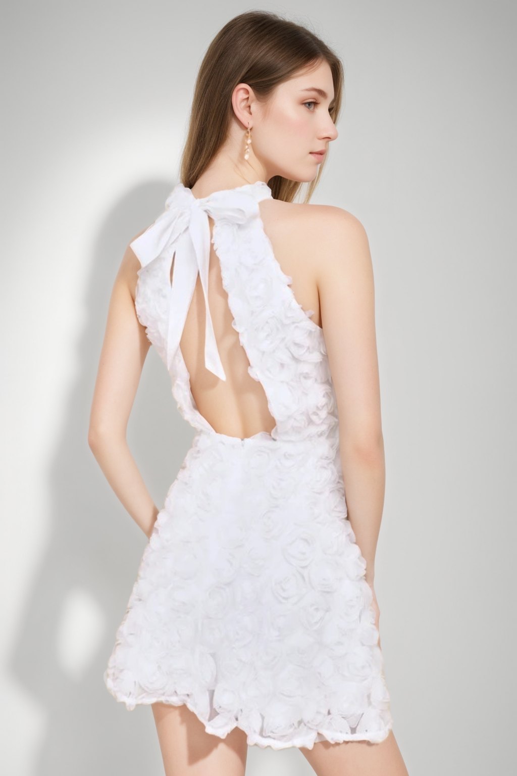 Short Sleeveless A-Line Cocktail Dress with Backless Design Self-Tie Bow and 3D Flowers