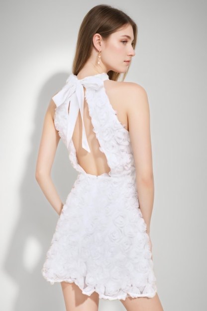 Short Sleeveless A-Line Cocktail Dress with Backless Design Self-Tie Bow and 3D Flowers