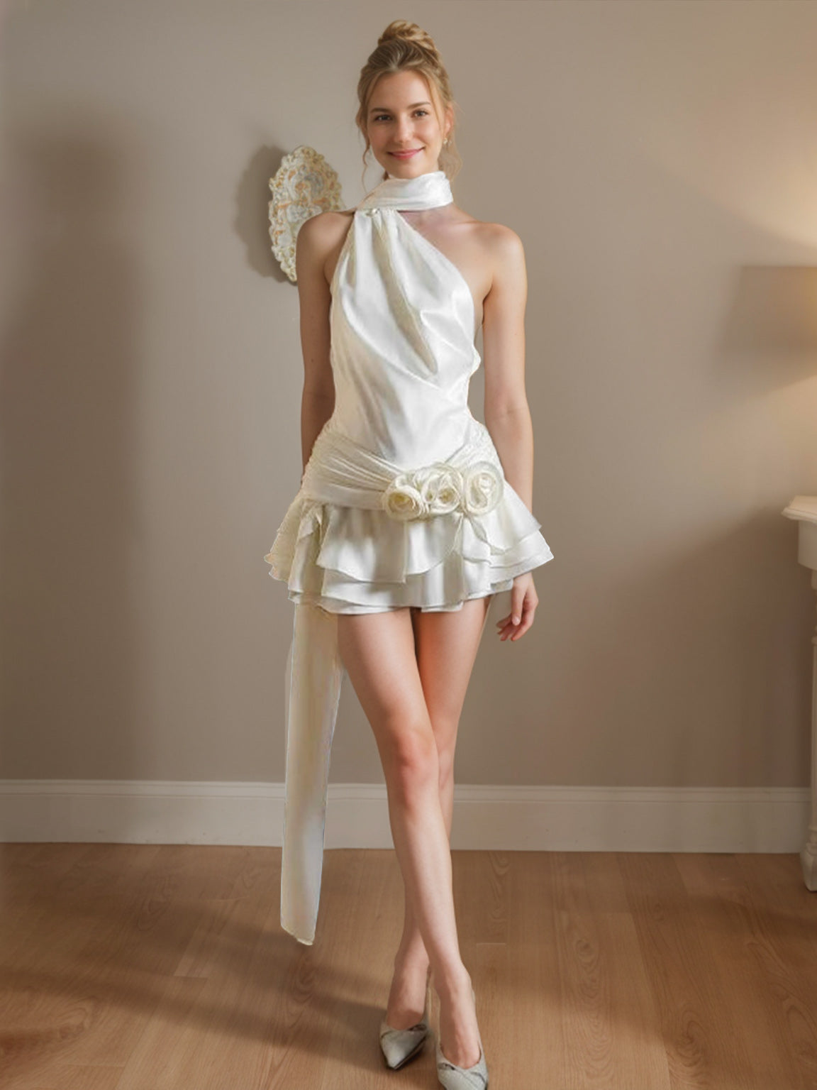 Backless Mini Halter Cocktail Dress with 3D Ruffles and Flowers in A-Line/Princess Style