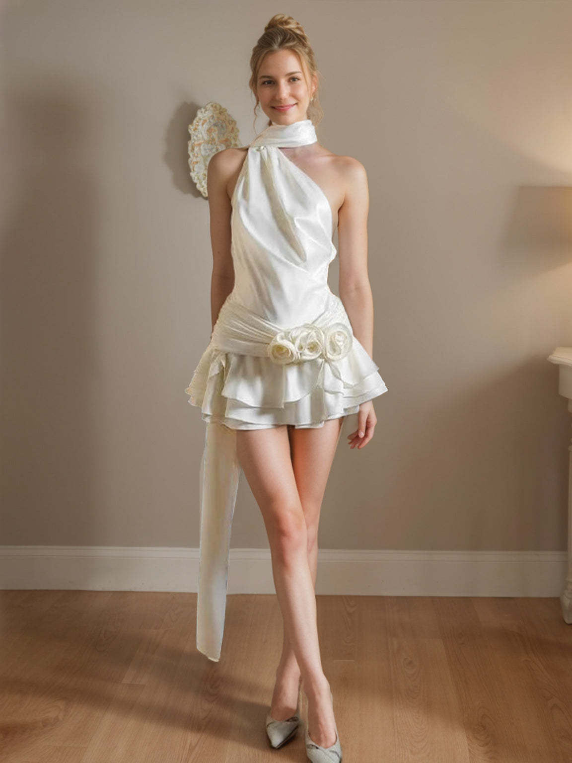 Backless Mini Halter Cocktail Dress with 3D Ruffles and Flowers in A-Line/Princess Style