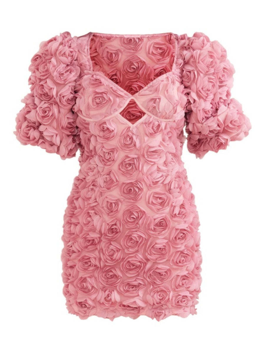 Sweetheart Neckline Bodycon Mini Dress with Puff Sleeves and 3D Floral Details