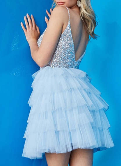 Princess/A-Line Mini Cocktail Dress with Spaghetti Straps Tulle and Crystals