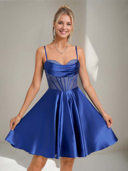 Spaghetti Strap A-Line Pleated Mini Homecoming Dress with Rhinestones and Lace-Up