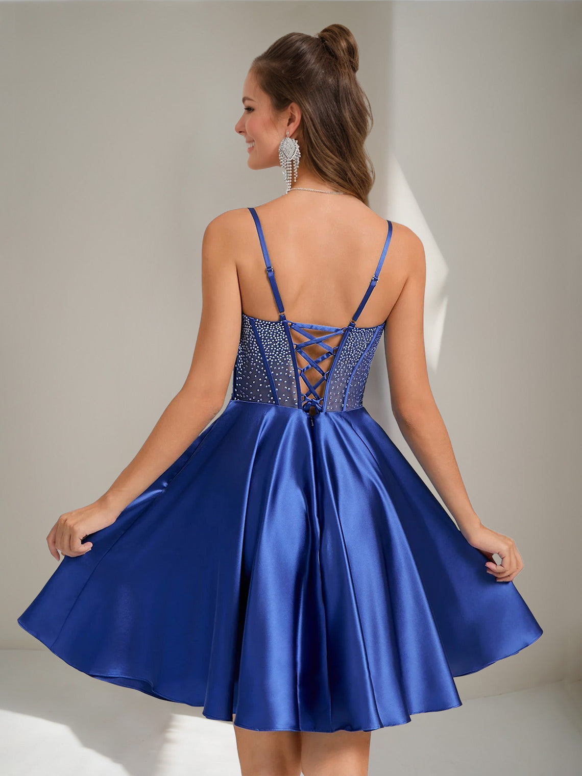 Spaghetti Strap A-Line Pleated Mini Homecoming Dress with Rhinestones and Lace-Up