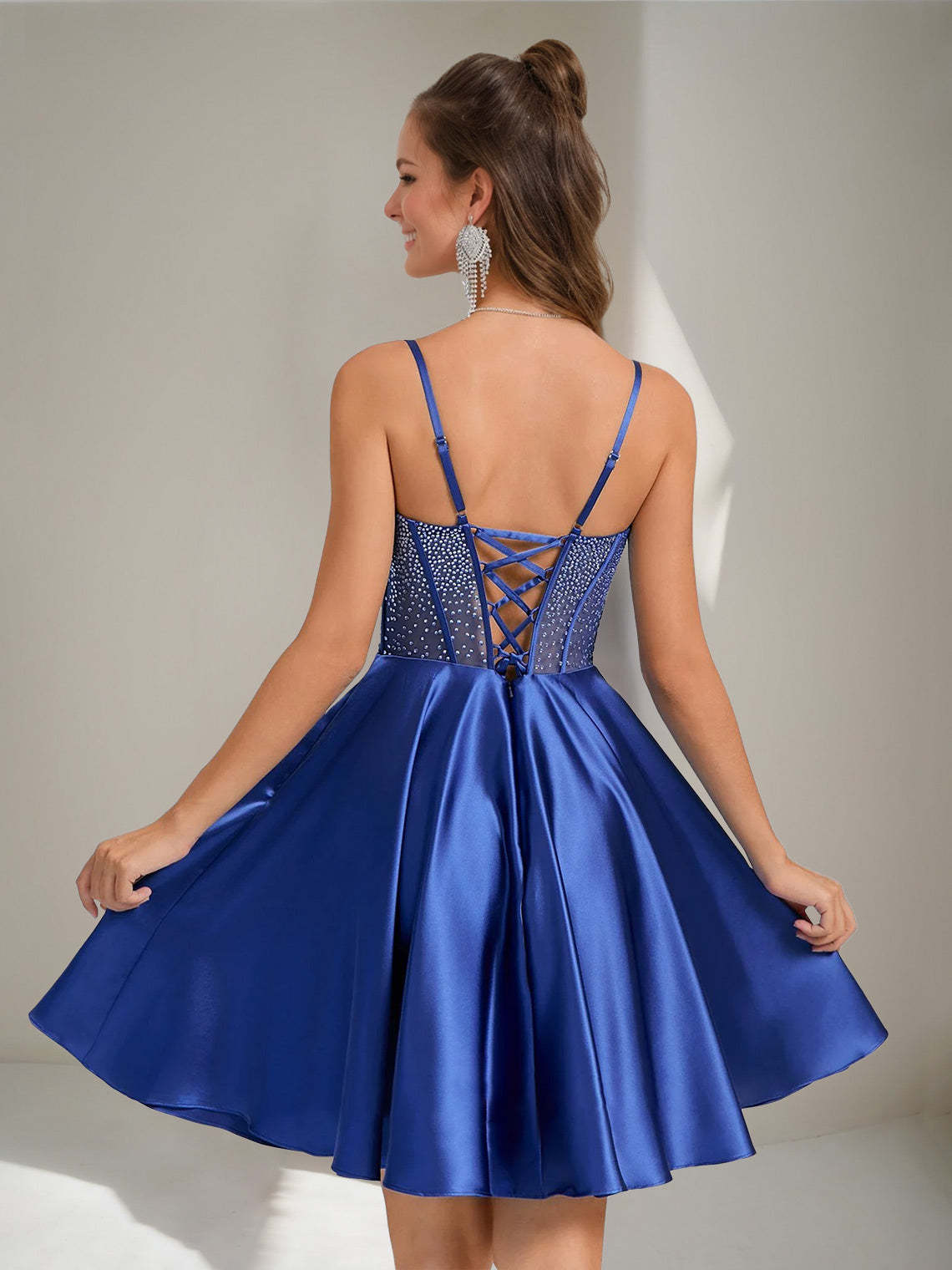 Spaghetti Strap A-Line Pleated Mini Homecoming Dress with Rhinestones and Lace-Up