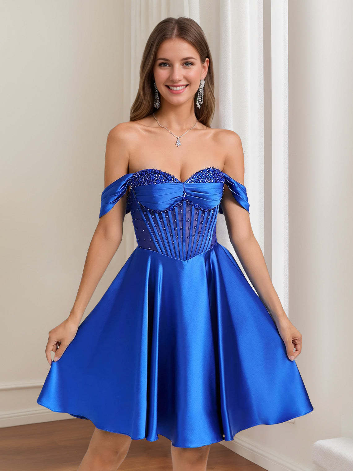 Off-The-Shoulder Pleated A-Line/Princess Mini Homecoming Dresses with Rhinestones & Beads