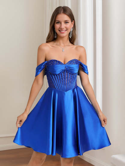Off-The-Shoulder Pleated A-Line/Princess Mini Homecoming Dresses with Rhinestones & Beads