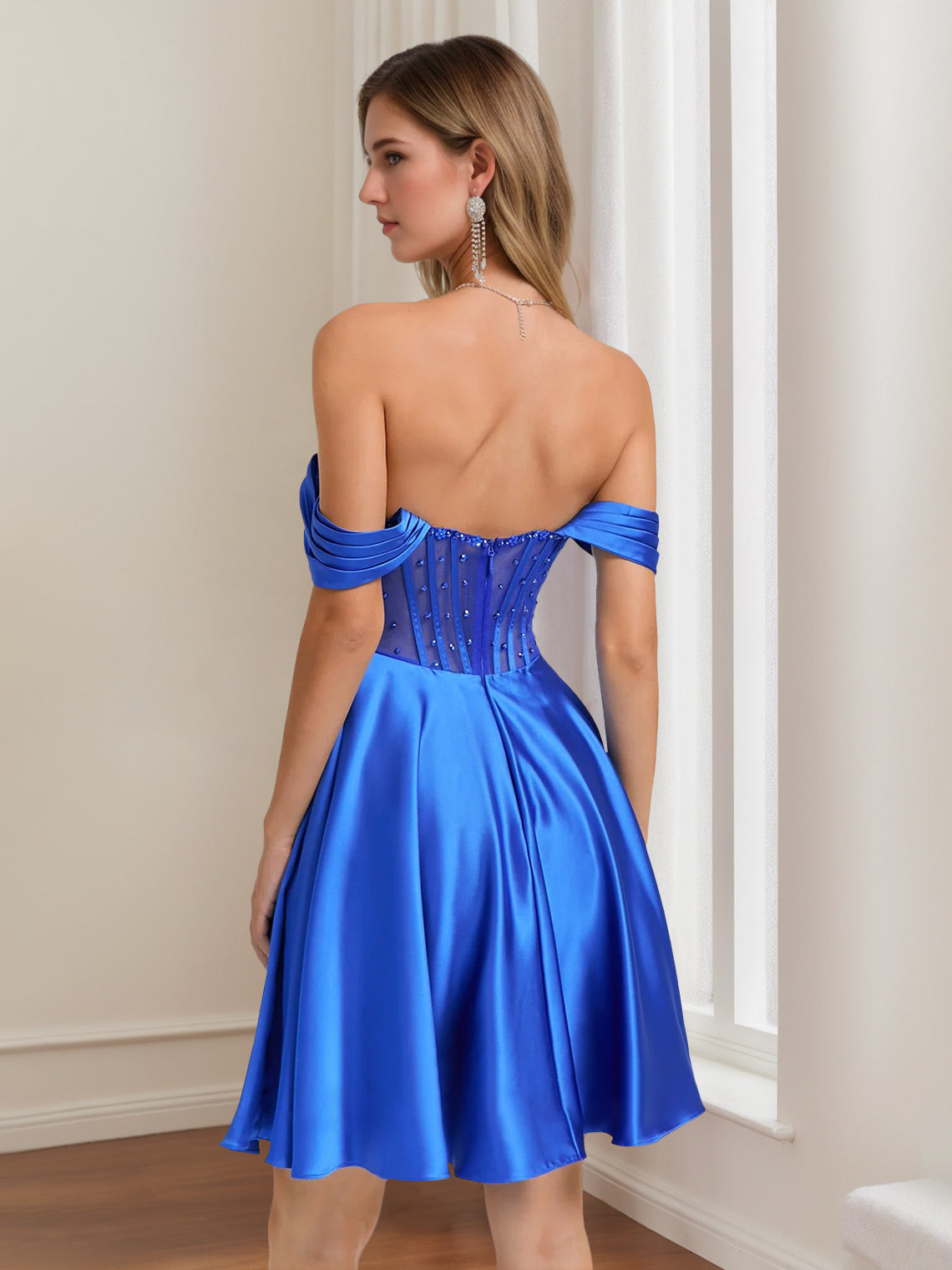 Off-The-Shoulder Pleated A-Line/Princess Mini Homecoming Dresses with Rhinestones & Beads