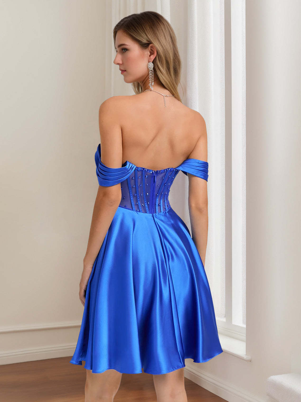 Off-The-Shoulder Pleated A-Line/Princess Mini Homecoming Dresses with Rhinestones & Beads