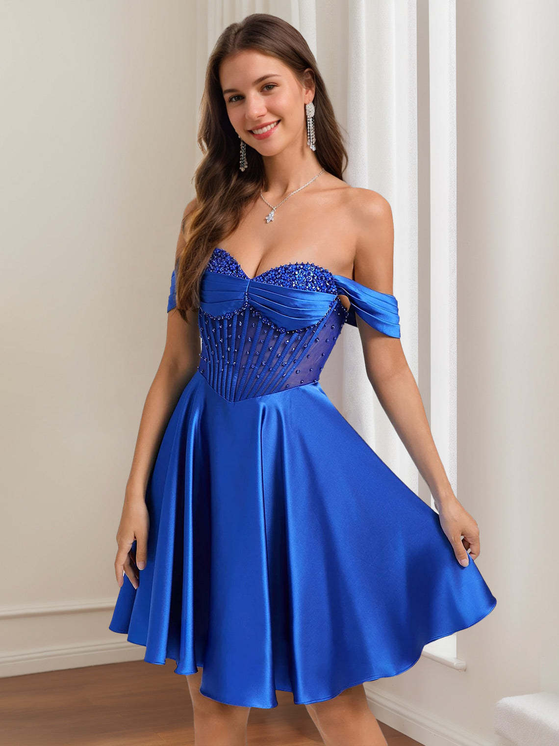 Off-The-Shoulder Pleated A-Line/Princess Mini Homecoming Dresses with Rhinestones & Beads