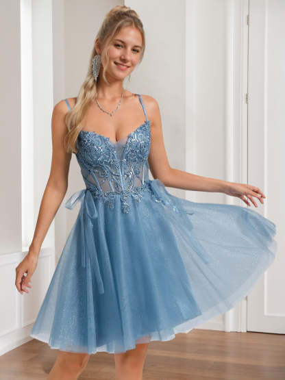 V-Neck Sleeveless A-Line Princess Pleated Mini Homecoming Dress with Beads Sequins Appliques Lace Lace-Up and Bows-BMbridal.UK