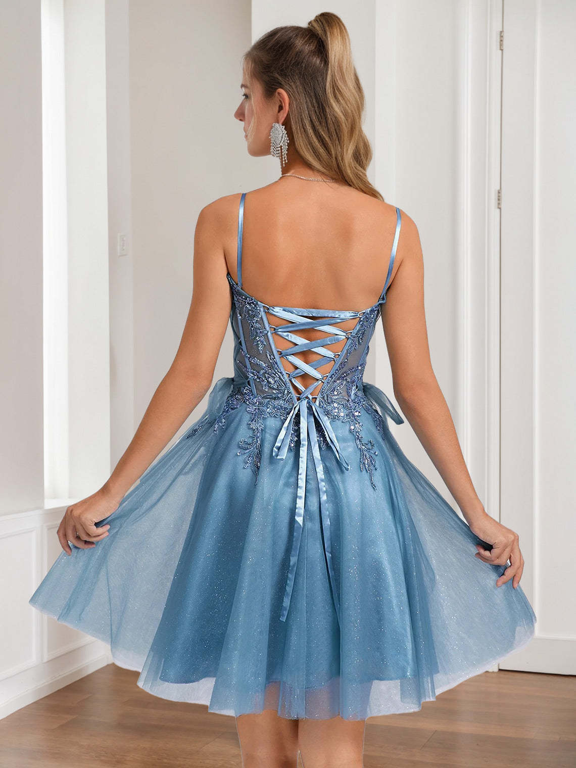 V-Neck Sleeveless A-Line Princess Pleated Mini Homecoming Dress with Beads Sequins Appliques Lace Lace-Up and Bows-BMbridal.UK