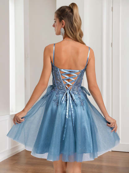 V-Neck Sleeveless A-Line Princess Pleated Mini Homecoming Dress with Beads Sequins Appliques Lace Lace-Up and Bows-BMbridal.UK
