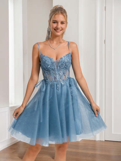 V-Neck Sleeveless A-Line Princess Pleated Mini Homecoming Dress with Beads Sequins Appliques Lace Lace-Up and Bows-BMbridal.UK