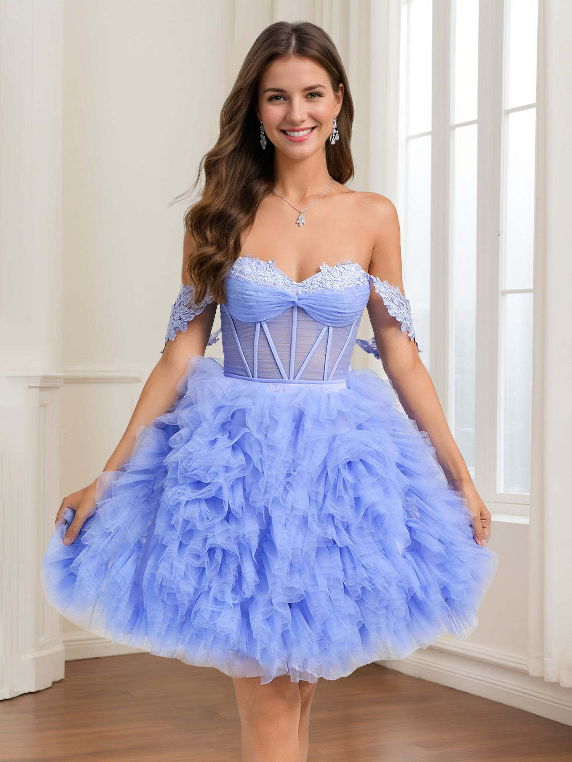 Sweetheart A-Line Princess Mini Dress with Ruched Detail Appliques Lace and Lace-Up Back