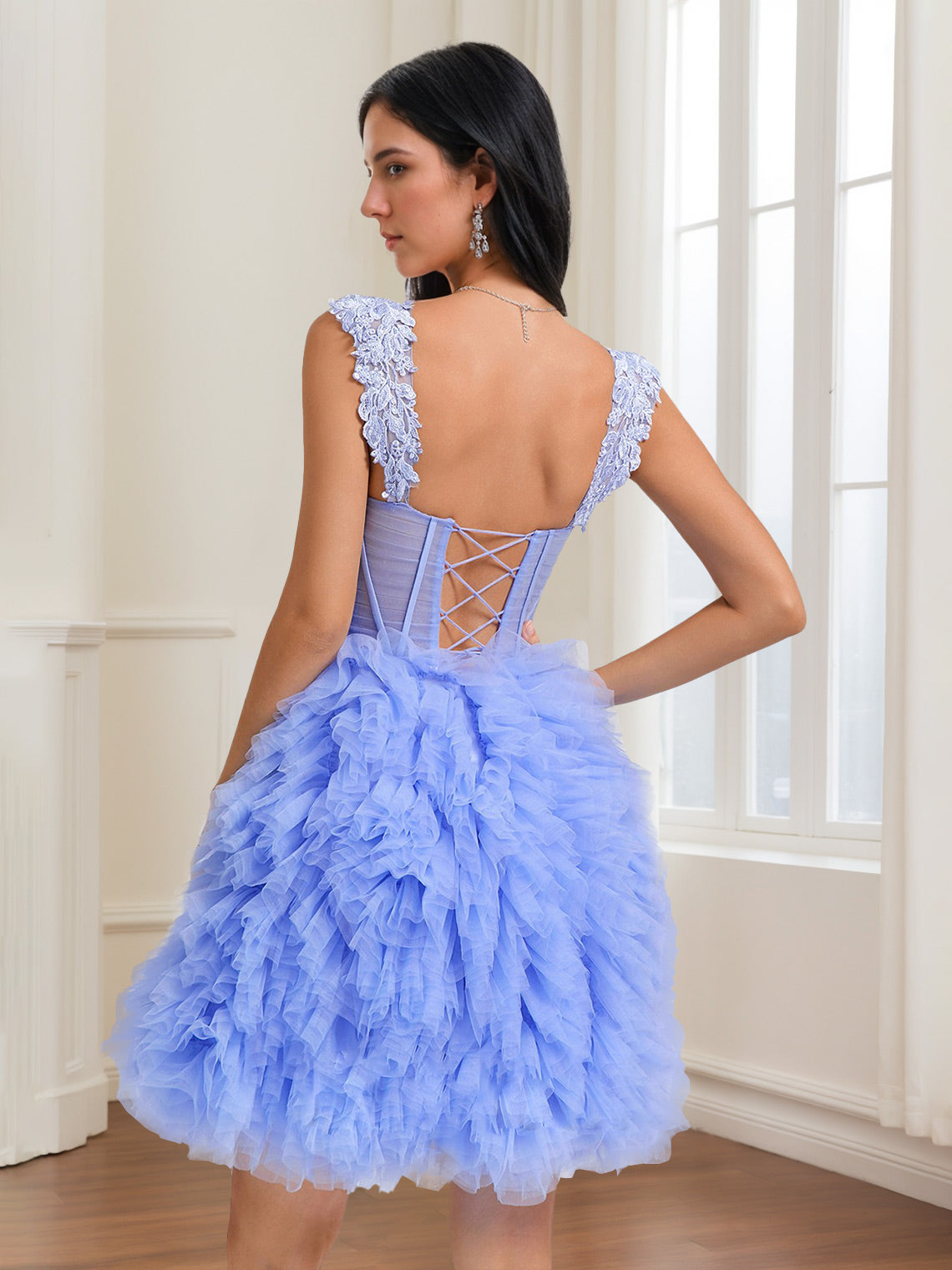 Sweetheart A-Line Princess Mini Dress with Ruched Detail Appliques Lace and Lace-Up Back