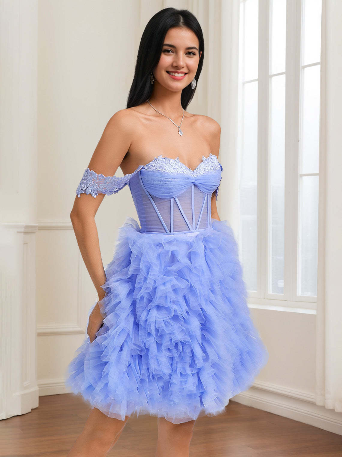 Sweetheart A-Line Princess Mini Dress with Ruched Detail Appliques Lace and Lace-Up Back