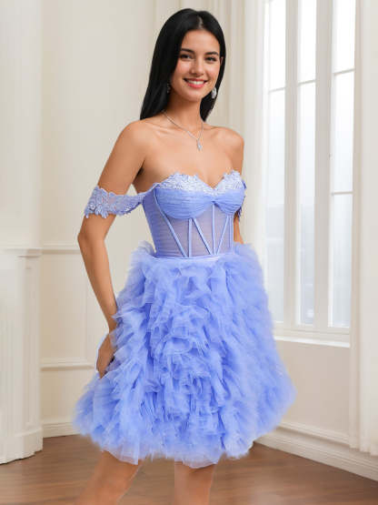 Sweetheart A-Line Princess Mini Dress with Ruched Detail Appliques Lace and Lace-Up Back