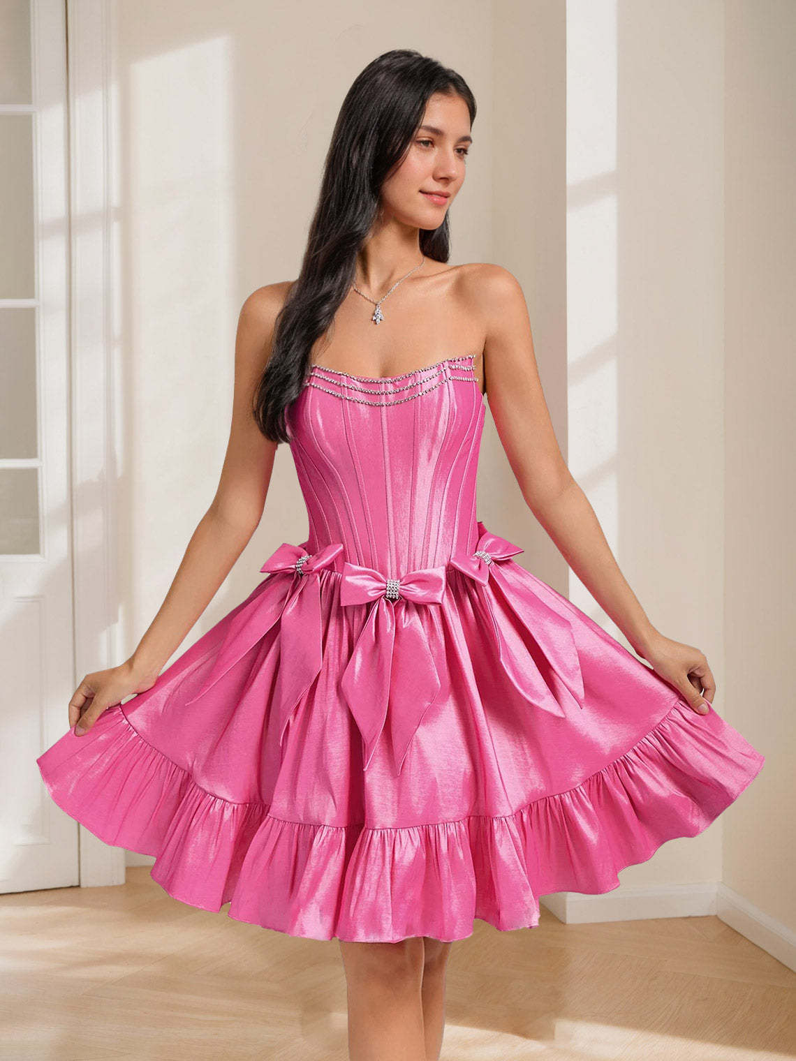 Sweetheart A-Line Sleeveless Mini Dress with Pleats Bows & Rhinestones for Homecoming