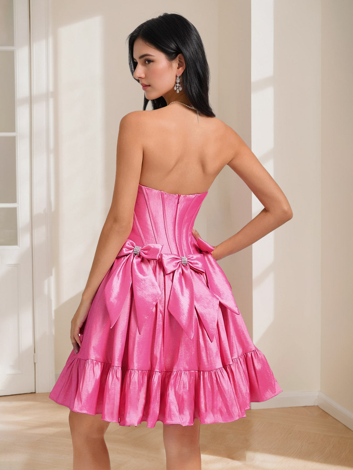 Sweetheart A-Line Sleeveless Mini Dress with Pleats Bows & Rhinestones for Homecoming