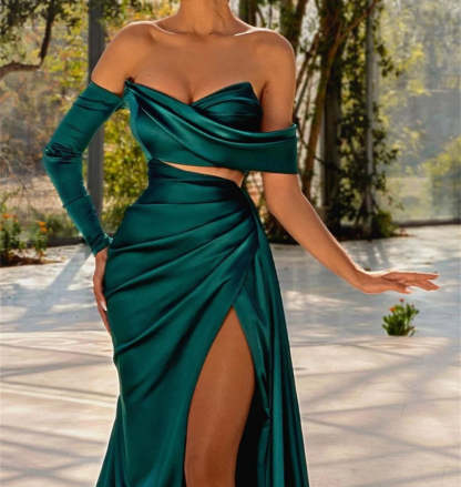Off-the-Shoulder Long Sleeve Sheath Gown with Side Slit