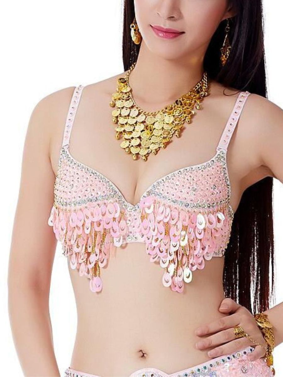 Sleeveless Spaghetti Bra with Rhinestone Sequins for Belly Dance