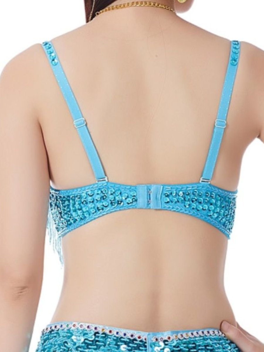 Sleeveless Rhinestone Belly Dance Bra with Spaghetti Straps and Tassels