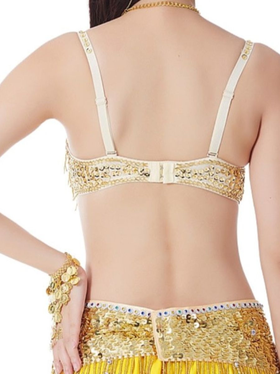 Sleeveless Rhinestone Belly Dance Bra with Spaghetti Straps and Tassels