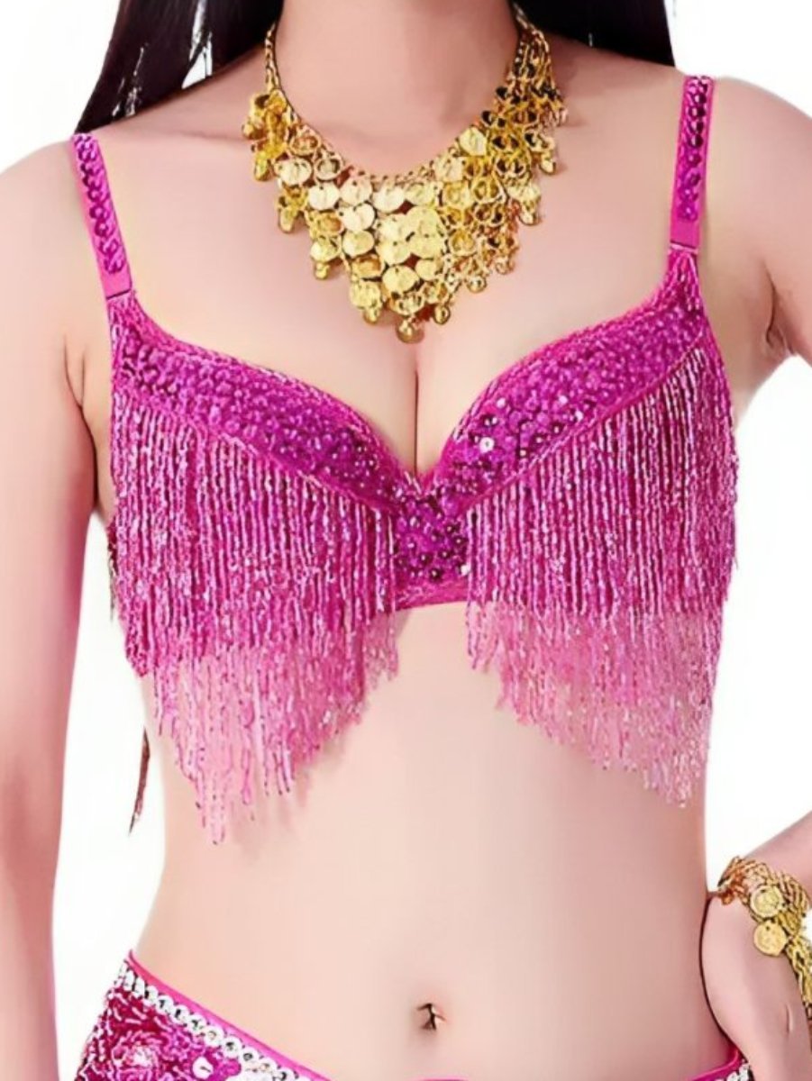 Sleeveless Rhinestone Belly Dance Bra with Spaghetti Straps and Tassels