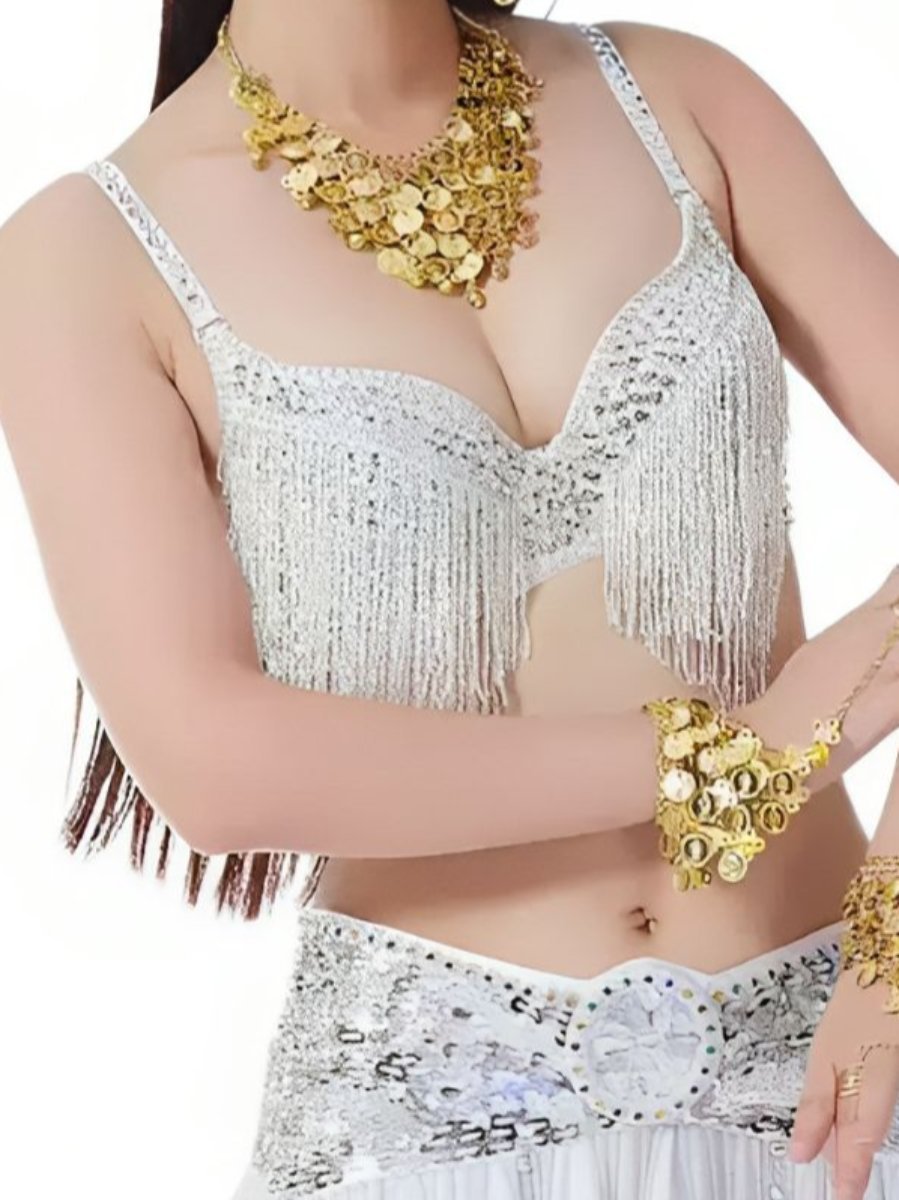 Sleeveless Rhinestone Belly Dance Bra with Spaghetti Straps and Tassels