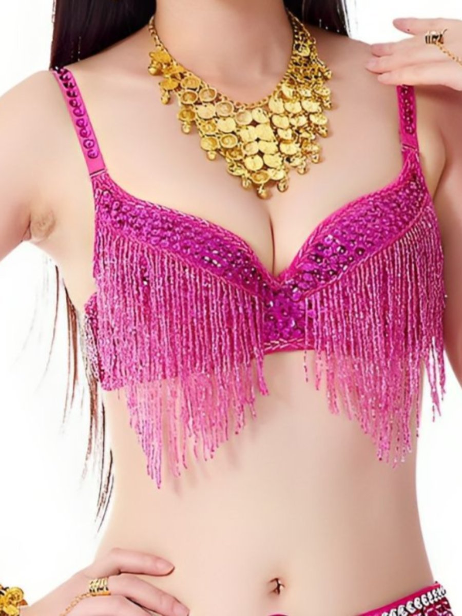 Sleeveless Rhinestone Belly Dance Bra with Spaghetti Straps and Tassels