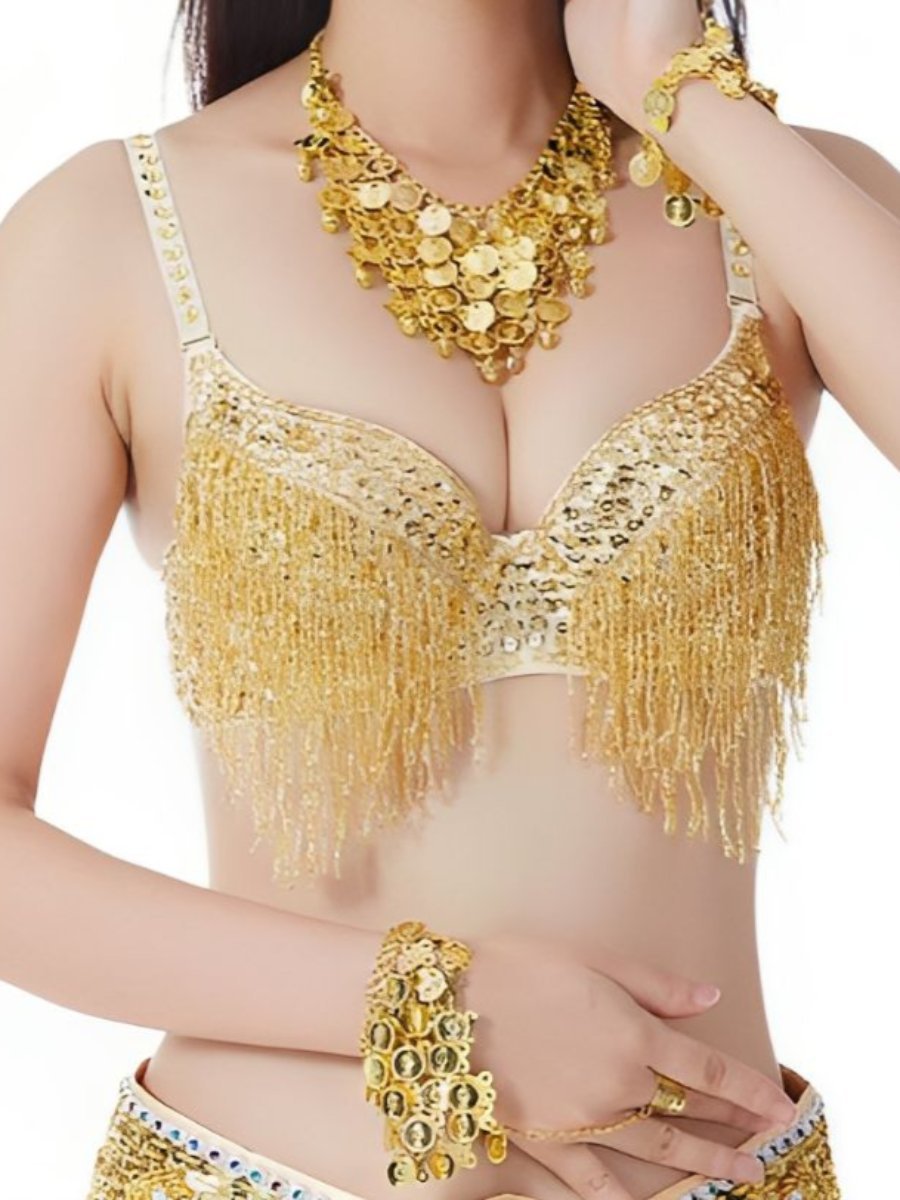 Sleeveless Rhinestone Belly Dance Bra with Spaghetti Straps and Tassels