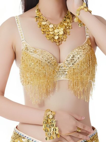 Sleeveless Rhinestone Belly Dance Bra with Spaghetti Straps and Tassels