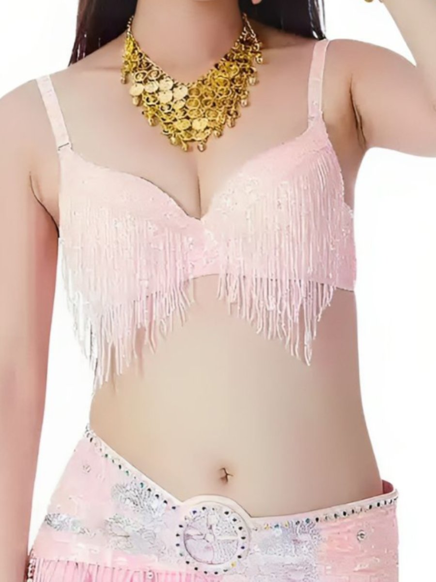 Sleeveless Rhinestone Belly Dance Bra with Spaghetti Straps and Tassels