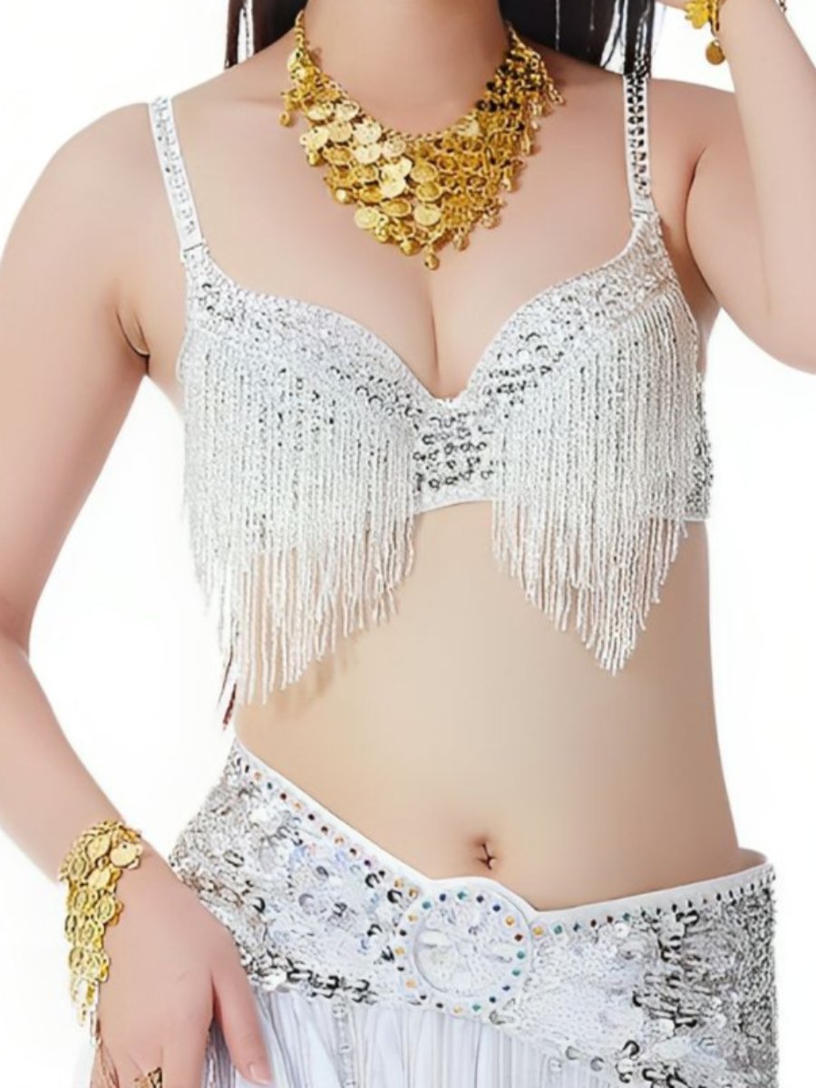 Sleeveless Rhinestone Belly Dance Bra with Spaghetti Straps and Tassels