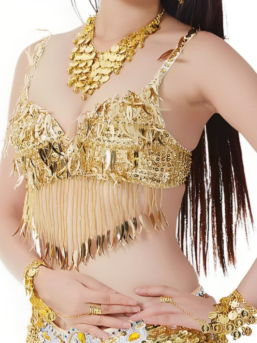 Sleeveless Chili Pepper Belly Dance Bra with Sequins and Beaded Tassels
