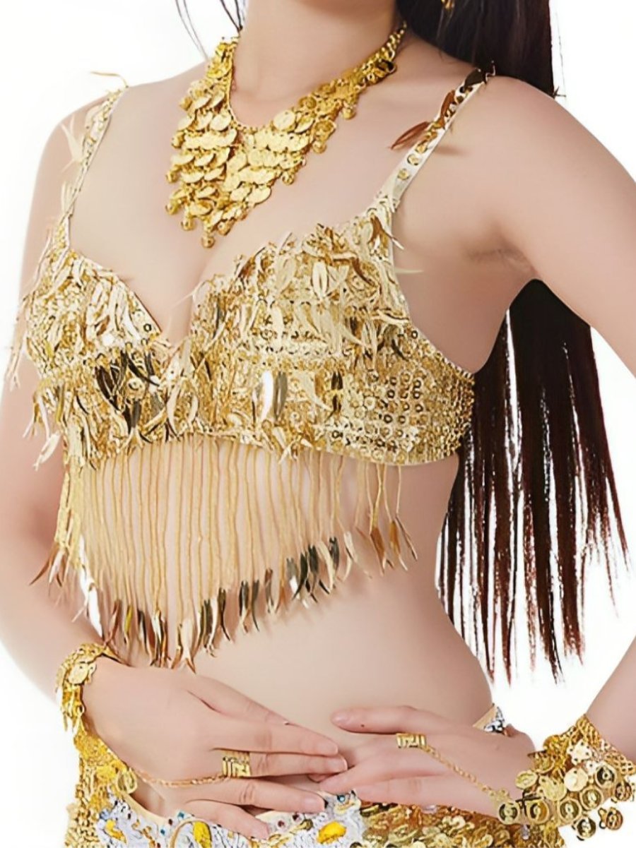 Sleeveless Chili Pepper Belly Dance Bra with Sequins and Beaded Tassels