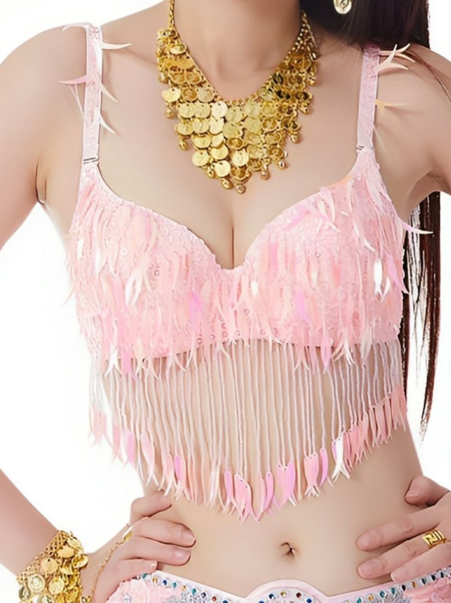 Sleeveless Chili Pepper Belly Dance Bra with Sequins and Beaded Tassels