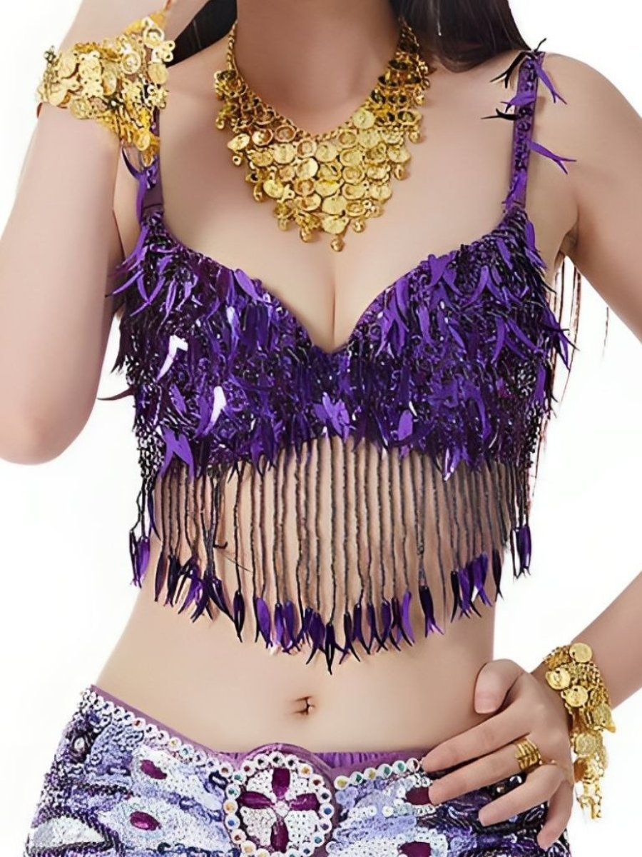Sleeveless Chili Pepper Belly Dance Bra with Sequins and Beaded Tassels