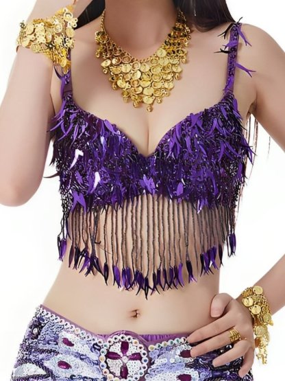 Sleeveless Chili Pepper Belly Dance Bra with Sequins and Beaded Tassels