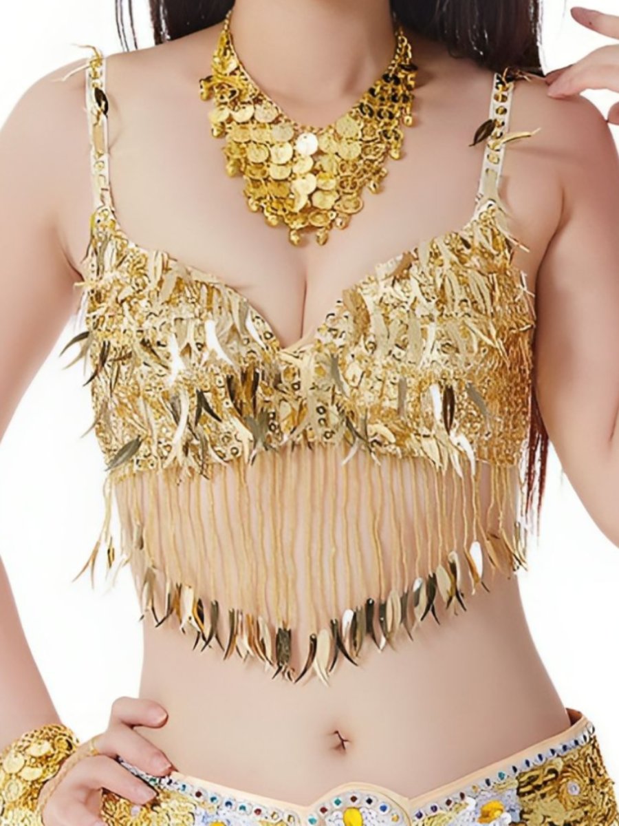 Sleeveless Chili Pepper Belly Dance Bra with Sequins and Beaded Tassels