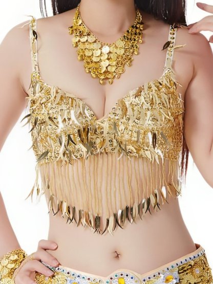 Sleeveless Chili Pepper Belly Dance Bra with Sequins and Beaded Tassels