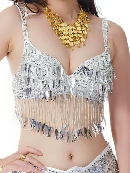 Sleeveless Chili Pepper Belly Dance Bra with Sequins and Beaded Tassels