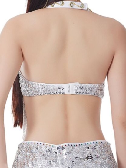 Halter Sequins Sleeveless Bra with Rhinestone & Beading for Belly Dance