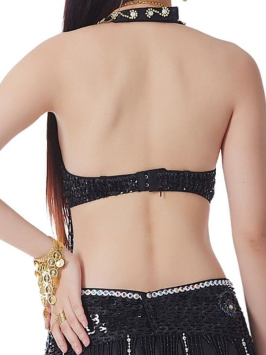 Halter Sequins Sleeveless Bra with Rhinestone & Beading for Belly Dance