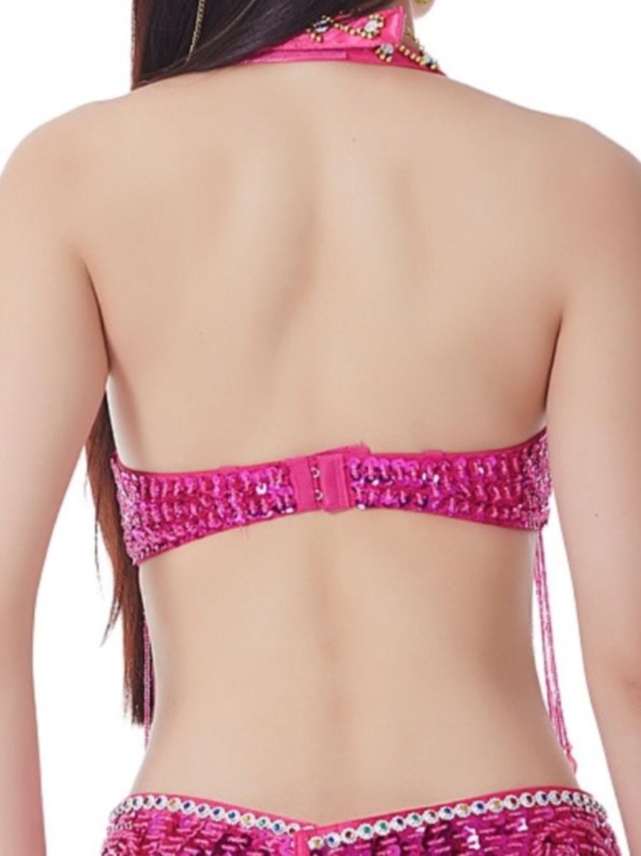 Halter Sequins Sleeveless Bra with Rhinestone & Beading for Belly Dance