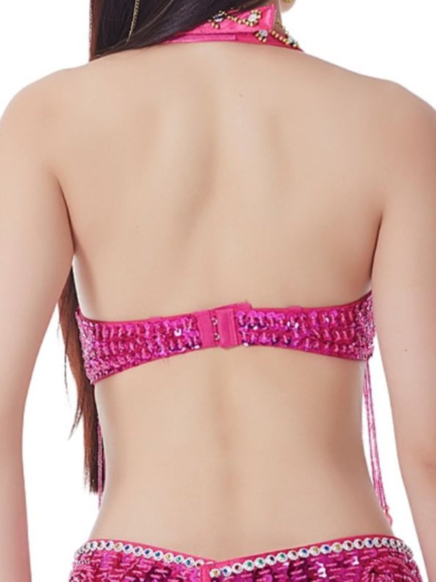 Halter Sequins Sleeveless Bra with Rhinestone & Beading for Belly Dance